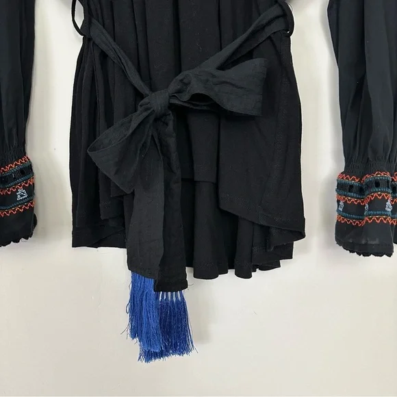 Free People On Holiday Embroidered Tunic Tribal Tassel Top Black - Picture 8 of 15
